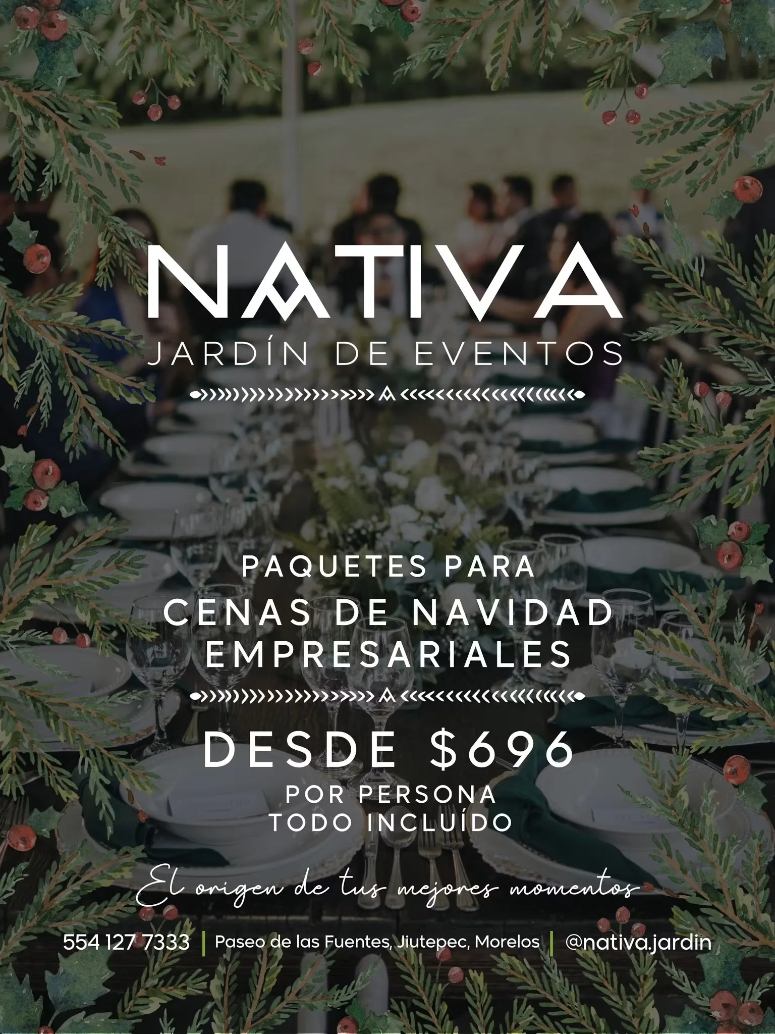 Cena navideña empresarial en Nativa Jardín de Eventos